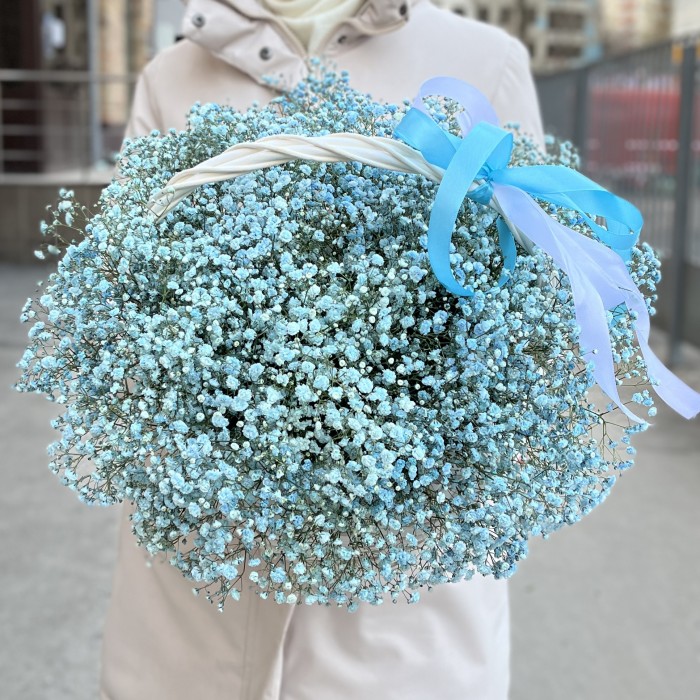 15 голубых гипсофил в корзине